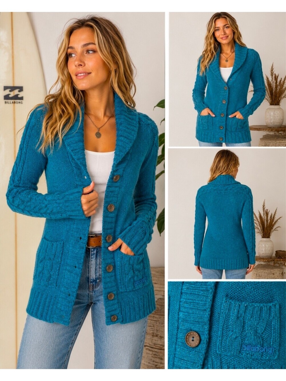 Billabong Y2K Teal Cable Knit Cardigan Sweater Wool Blend Women’s M Shawl